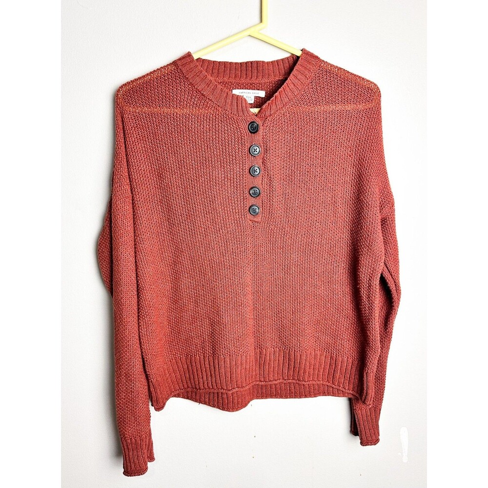 American Eagle Chunky Knit Henley Orange Pullover Sweater Medium Womens